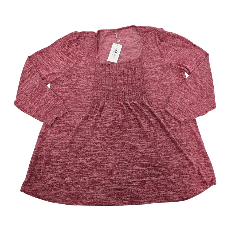 Rosriss Plus Size 2XL Burgundy Heather Square Neck Pleated Tunic Top Long Sleeve